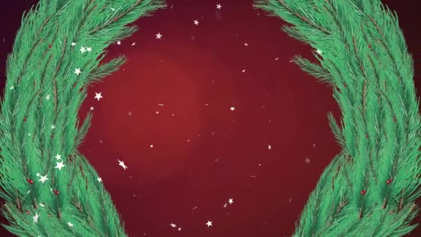 Animation White Stars Falling Christmas Wreath Dark Red Background Christmas — Stock Video
