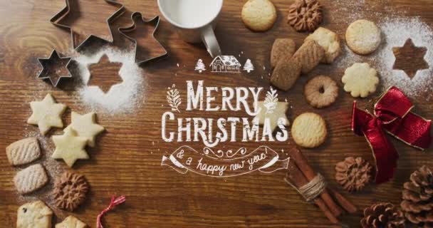 Animación Feliz Navidad Sobre Galletas Decoraciones Superficie Madera Navidad Invierno — Vídeos de Stock