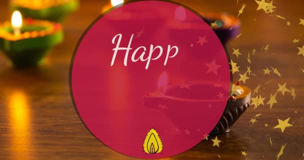 Κινούμενα Σχέδια Χαρούμενου Diwali Κειμένου Κόκκινο Κύκλο Χρυσά Αστέρια Πάνω — Αρχείο Βίντεο