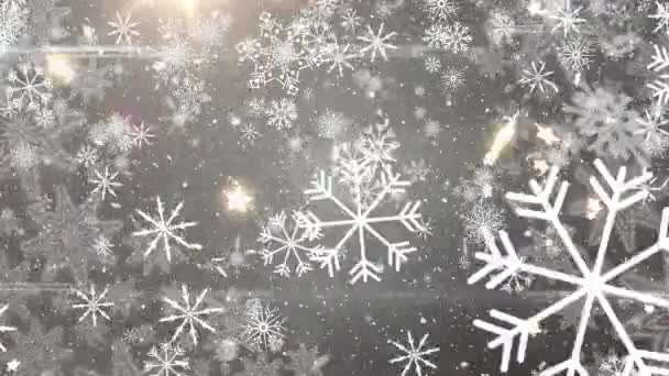 灰色の背景に落ちる白いクリスマスの雪と星のアニメーション クリスマス お祭り 伝統とお祝いのコンセプトデジタル生成ビデオ — ストック動画
