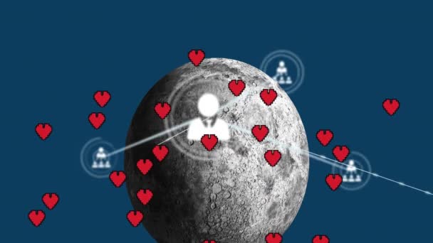Animacja Ikon Różowego Serca Pływających Sieci Ikon Profilowych Tle Księżyca — Wideo stockowe
