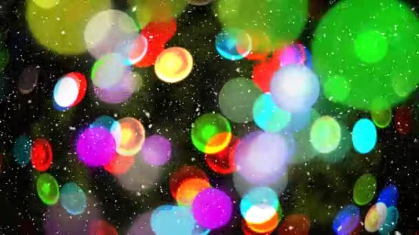 Animacja Padającego Śniegu Nad Rozproszonymi Kolorowymi Lampkami Świątecznymi Nocnym Niebem — Wideo stockowe