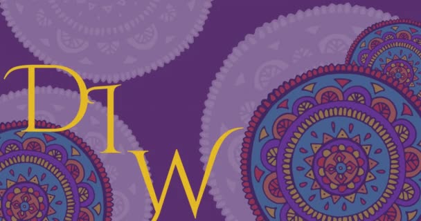 Animación Texto Diwali Sobre Patrón Indio Púrpura Tradicional Diwali Festival — Vídeos de Stock