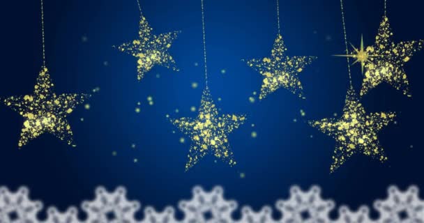 Animace Zlatých Vánočních Hvězd Houpající Nad Vločkami Modrým Pozadím Vánoce — Stock video