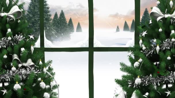 Animacja Choinek Przez Okno Śniegiem Padającym Zimowy Krajobraz Zewnątrz Boże — Wideo stockowe
