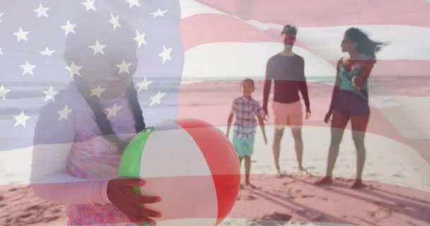 Animación Bandera Estados Unidos América Sobre Pareja Biracial Con Hijo — Vídeo de stock