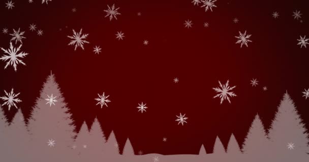 Animation White Christmas Snowflakes Falling Grey Trees Dark Red Background — Stock Video