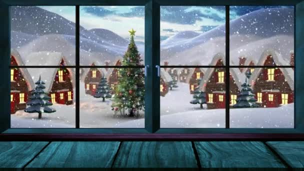 Animatie Van Raam Sneeuw Vallen Huisjes Kerstboom Het Winterlandschap Kerstmis — Stockvideo