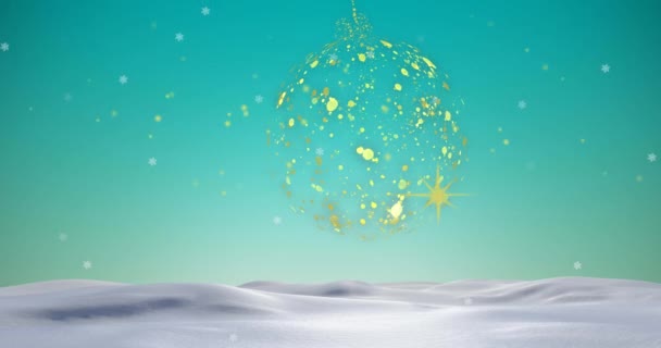 Animazione Natale Oro Bauble Oscillando Sopra Neve Che Cade Sopra — Video Stock