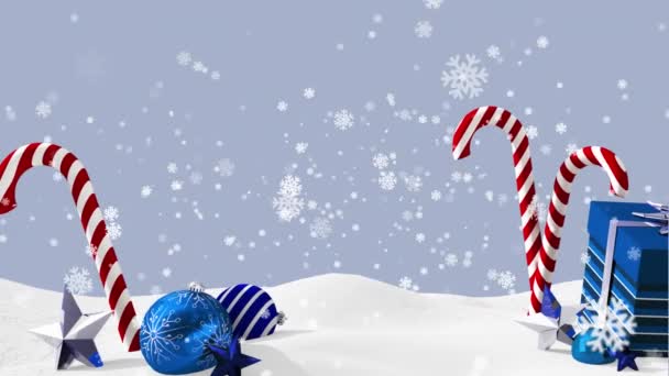 雪の中でキャンディーの杖 クリスマスの贈り物や装飾に落ちる白い雪のフレークのアニメーション クリスマス お祭り 伝統とお祝いのコンセプトデジタル生成ビデオ — ストック動画