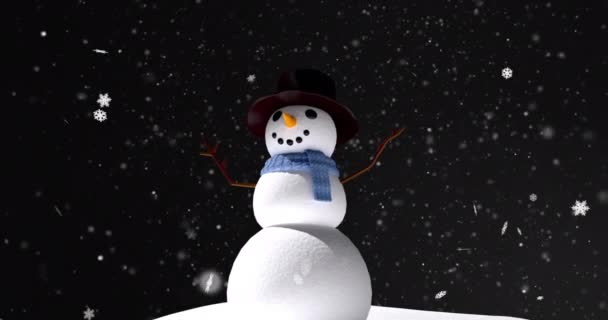 Анимация Падающих Белых Снежинок Над Рождественским Снеговиком Ночным Небом Рождество — стоковое видео