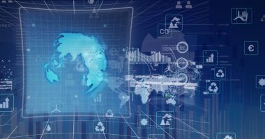 Dünya haritası üzerinde veri işleme resmi. küresel iş ve dijital arayüz kavramı dijital olarak oluşturulmuş görüntü.