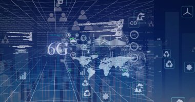 Dünya haritası üzerinde veri işleme resmi. küresel iş ve dijital arayüz kavramı dijital olarak oluşturulmuş görüntü.