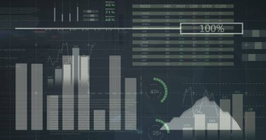 Siyah arkaplanda veri işleme resmi. Küresel teknoloji, bilgisayar ve dijital arayüz kavramı dijital olarak oluşturulmuş görüntü.