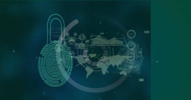 Asma kilit üzerinde veri işleme görüntüsü. Küresel iş ve dijital arayüz kavramı dijital olarak oluşturulmuş görüntü.