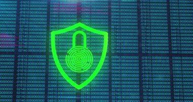 Asma kilit üzerinde veri işleme görüntüsü. Küresel iş ve dijital arayüz kavramı dijital olarak oluşturulmuş görüntü.