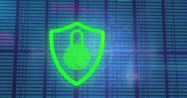 Asma kilit üzerinde veri işleme görüntüsü. Küresel iş ve dijital arayüz kavramı dijital olarak oluşturulmuş görüntü.