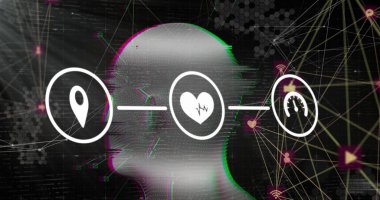 Başlar ve simgeler üzerindeki bağlantı ağının resmi. Küresel iş ve dijital arayüz kavramı dijital olarak oluşturulmuş görüntü.