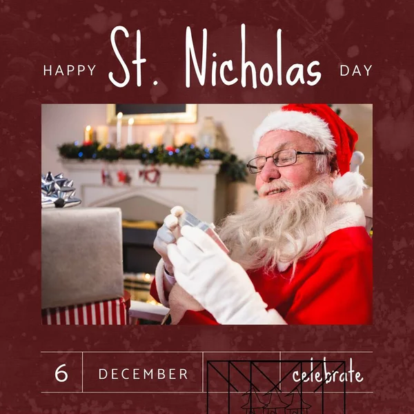 プレゼントとクリスマスに聖ニコラス日のテキストとサンタクラスの構成 クリスマス お祭り お祝い 伝統的なコンセプト — ストック写真