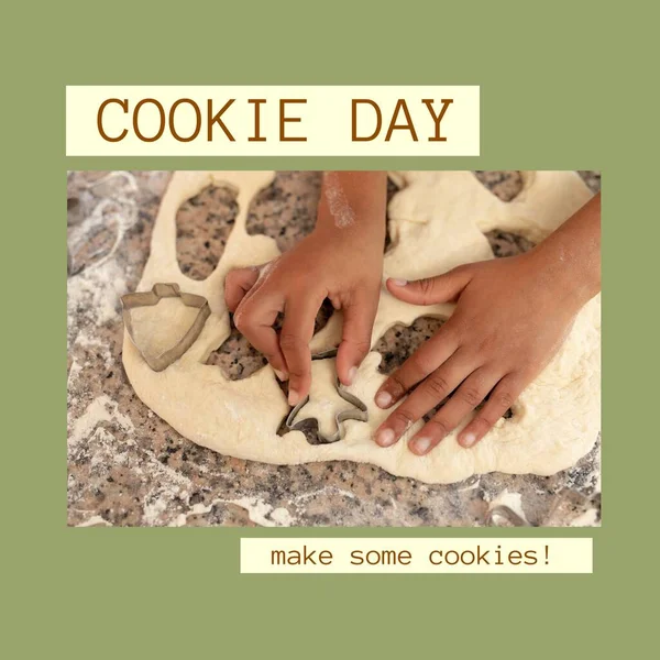饼干日的组成使一些饼干文本在非洲裔美国女孩烘焙饼干 Cookie Day概念数字生成的图像 — 图库照片