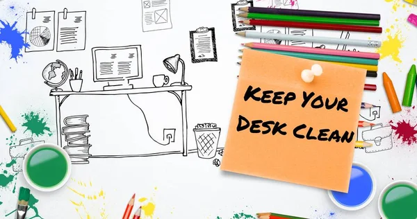 Composite of keep your desk clean text on sticky note over pencil and abstract drawing in background. Office, vector, stationery, hygiene, awareness, art, creativity, celebration concept.
