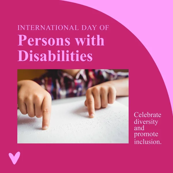 Compoziția Zilei Internaționale Persoanelor Dizabilități Text Peste Băiat Lectură Braille — Fotografie, imagine de stoc