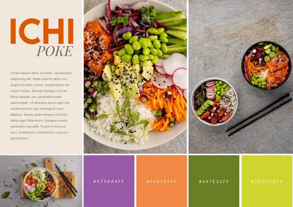 Composition Ichi Poke Text Bowls Food Lifestyle Photo Montage Maker — Stock Photo, Image