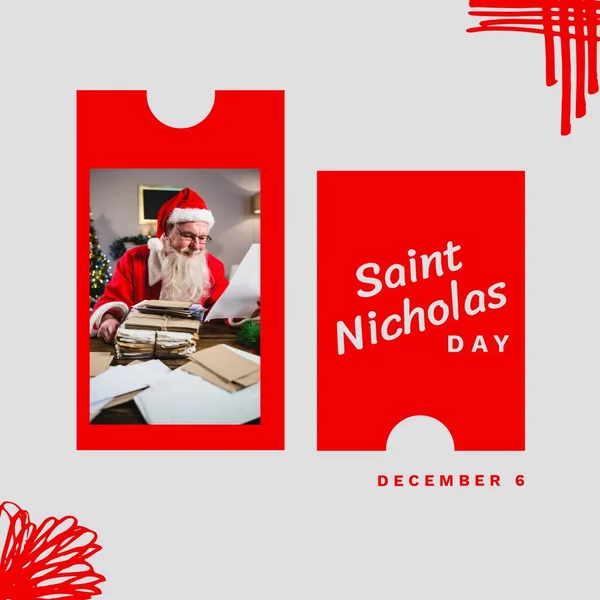 プレゼントとクリスマスに聖ニコラス日のテキストとサンタクラスの構成 クリスマス お祭り お祝い 伝統的なコンセプト — ストック写真