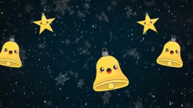 Noel çanı, yıldız süslemeleri, kar taneleri ve kara zemine yağan karın animasyonu. Noel, kış, şenlik, gelenek ve dijital olarak üretilen video konsepti.