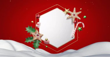 Kırmızı gökyüzü ve kar üzerinde beyaz altıgen tabelanın etrafına düşen kar animasyonu. Noel, kış, şenlik, gelenek ve dijital olarak üretilen video konsepti.