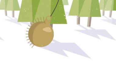 Kardaki yeşil ağaçların üzerinde sallanan altın Noel 'in animasyonu. Noel, kış, şenlik, gelenek ve dijital olarak üretilen video konsepti.