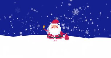 Beyaz kar tanelerinin Noel Baba 'nın üzerine düşüşünün animasyonu. Ellerinde çuval ve çan tutarak karda duruyor. Noel, kış, şenlik, gelenek ve dijital olarak üretilen video konsepti.
