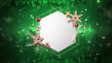 Yeşil kar taneleri ve ağaçların üzerindeki boş beyaz altıgen tabelanın etrafındaki Noel süslerinin animasyonu. Noel, kış, şenlik, gelenek ve dijital olarak üretilen video konsepti.