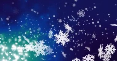 Kar ve mavi ışıkların üzerine yağan beyaz Noel kar tanelerinin animasyonu. Noel, kış, şenlik, gelenek ve dijital olarak üretilen video konsepti.