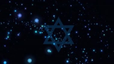 David 'in mavi yıldızının animasyonu. Siyah arka planda Rosh Hashanah' ta parlayan ışıklar. Musevilik, Rosh hashanah, yeni yıl, şenlik, gelenek ve kutlama konsepti dijital olarak oluşturulmuş video.