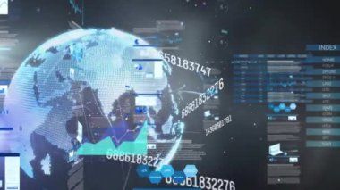Veri işleme animasyonunun siyah arka planda dünya üzerinde gerçekleşmesi. küresel teknoloji, bilgisayar ve dijital arayüz kavramı dijital olarak oluşturulmuş video.