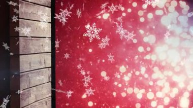 Beyaz kar tanelerinin çözülmüş beyaz noel ışıkları ve kırmızı arka plan üzerine düşüşünün animasyonu. Noel, kış, şenlik, gelenek ve dijital olarak üretilen video konsepti.