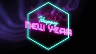 Şekiller üzerinde mutlu yeni yıl metinlerinin animasyonu. Noel, kutlama ve dijital arayüz kavramı dijital olarak oluşturulmuş video.