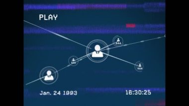 Mavi arkaplana karşı profil simgelerinin ağ üzerindeki vhs hata efektinin animasyonu. Küresel ağ ve teknoloji kavramı