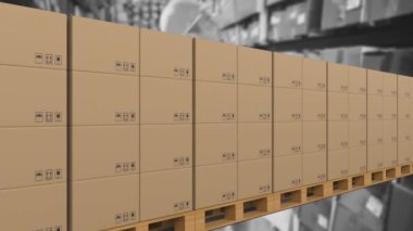 Depodaki beyaz erkek işçinin üzerindeki taşıyıcı banttaki kutuların animasyonu. Küresel dağıtım ve dijital arayüz kavramı dijital olarak oluşturulmuş video.