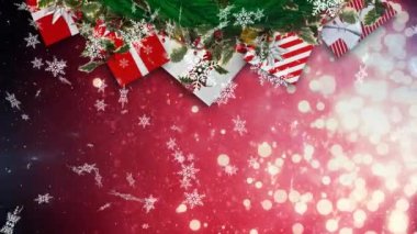 Hediyelerin üzerine düşen kar animasyonu. Noel, kutlama ve dijital arayüz kavramı dijital olarak oluşturulmuş video.