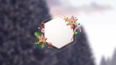 Kar ve Noel süslerinin kış manzarası üzerindeki boş beyaz dairesel tabelanın etrafında canlandırması. Noel, kış, şenlik, gelenek ve dijital olarak üretilen video konsepti.