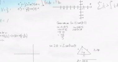 Beyaz arkaplan üzerinde matematiksel denklemlerin animasyonu. Küresel eğitim, bilim ve dijital arayüz kavramı dijital olarak oluşturulmuş video.