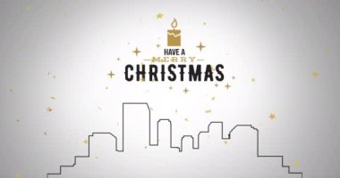 Beyaz zemin üzerinde altın mum ve yıldızlar bulunan mutlu noel metninin animasyonu. Noel, selamlama, kış, şenlik, gelenek ve dijital olarak üretilen video konsepti.