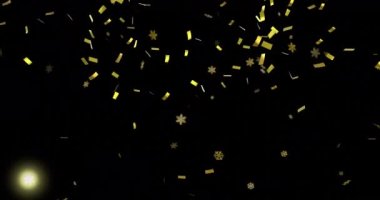 Altın rengi kar taneleri ve konfetilerin siyah arka plana düşüşünün animasyonu. Noel, kış, şenlik, gelenek ve dijital olarak üretilen video konsepti.