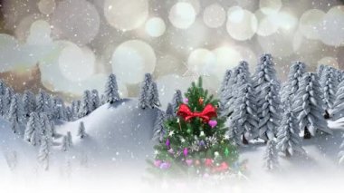 Süslü Noel ağacı ve dağılmış ışıklar ve kış manzarasıyla yağan karın animasyonu. Noel, kış, şenlik, gelenek ve dijital olarak üretilen video konsepti.