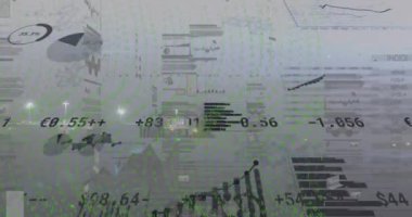 Gri arka planda tarama, istatistik ve veri işleme animasyonları. Küresel hesaplama, dijital arayüz ve veri işleme kavramı dijital olarak oluşturulmuş video.