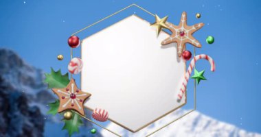 Kar ve noel süslemelerinin kış manzarası üzerindeki boş beyaz altıgen işaretler etrafında canlandırılması. Noel, kış, şenlik, gelenek ve dijital olarak üretilen video konsepti.