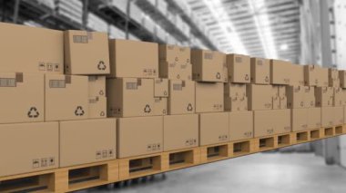 Depoda hareket eden kutuların animasyonu. Küresel dağıtım ve dijital arayüz kavramı dijital olarak oluşturulmuş video.