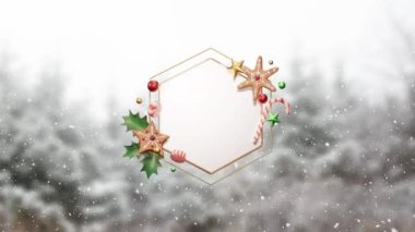 Kış manzarasında beyaz altıgen tabelanın etrafına düşen karların animasyonu. Noel, kış, şenlik, gelenek ve dijital olarak üretilen video konsepti.